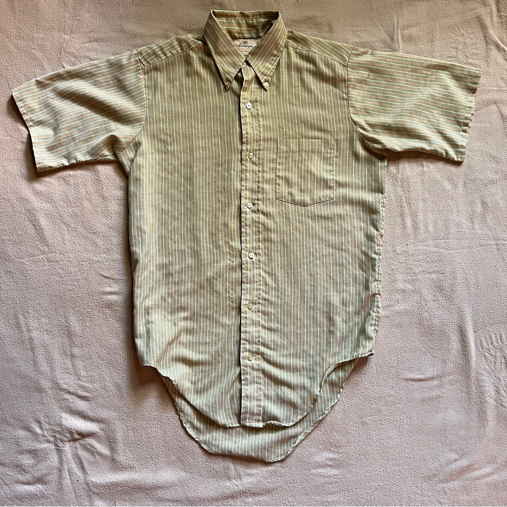 Vintage 70’s Men's Green Striped Short Sleeve Shirt
